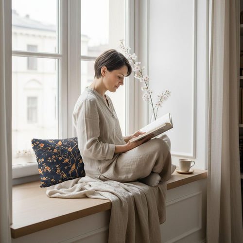 Chinoiserie Bird Blossom Lumbar Pillow: Peach & Chestnut on Navy Blue