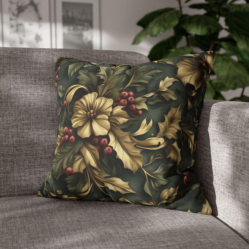 William Morris Inspired Holly & Berries Pillow Cover: Evergreen, Antique Gold, Cranberry