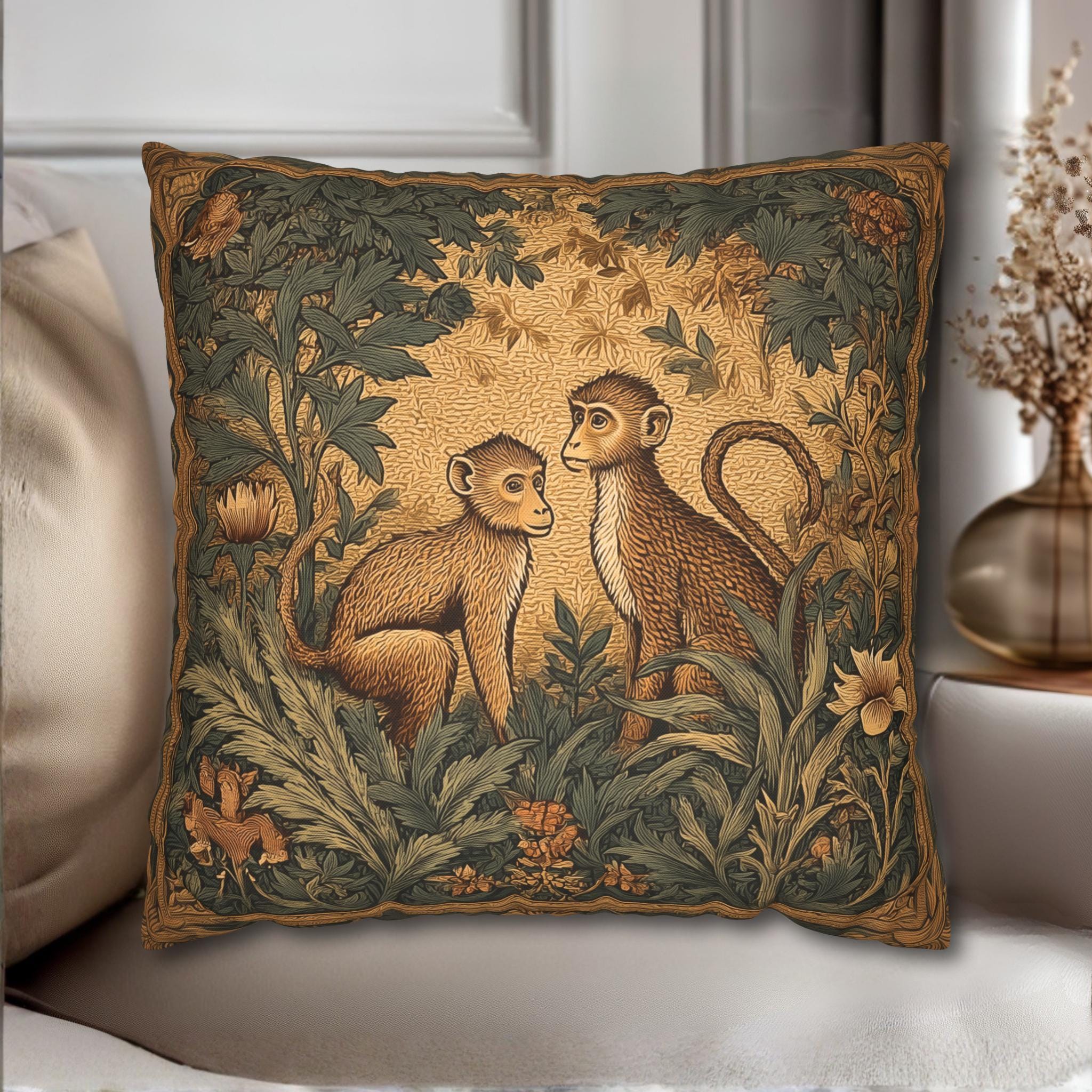 William Morris Style Throw Pillow Cover:  Monkey Jungle Botanical Design