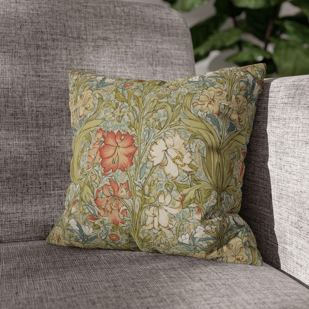 William Morris Style Pillow Cover: Soft Sage, Coral and Ivory Botanical Floral