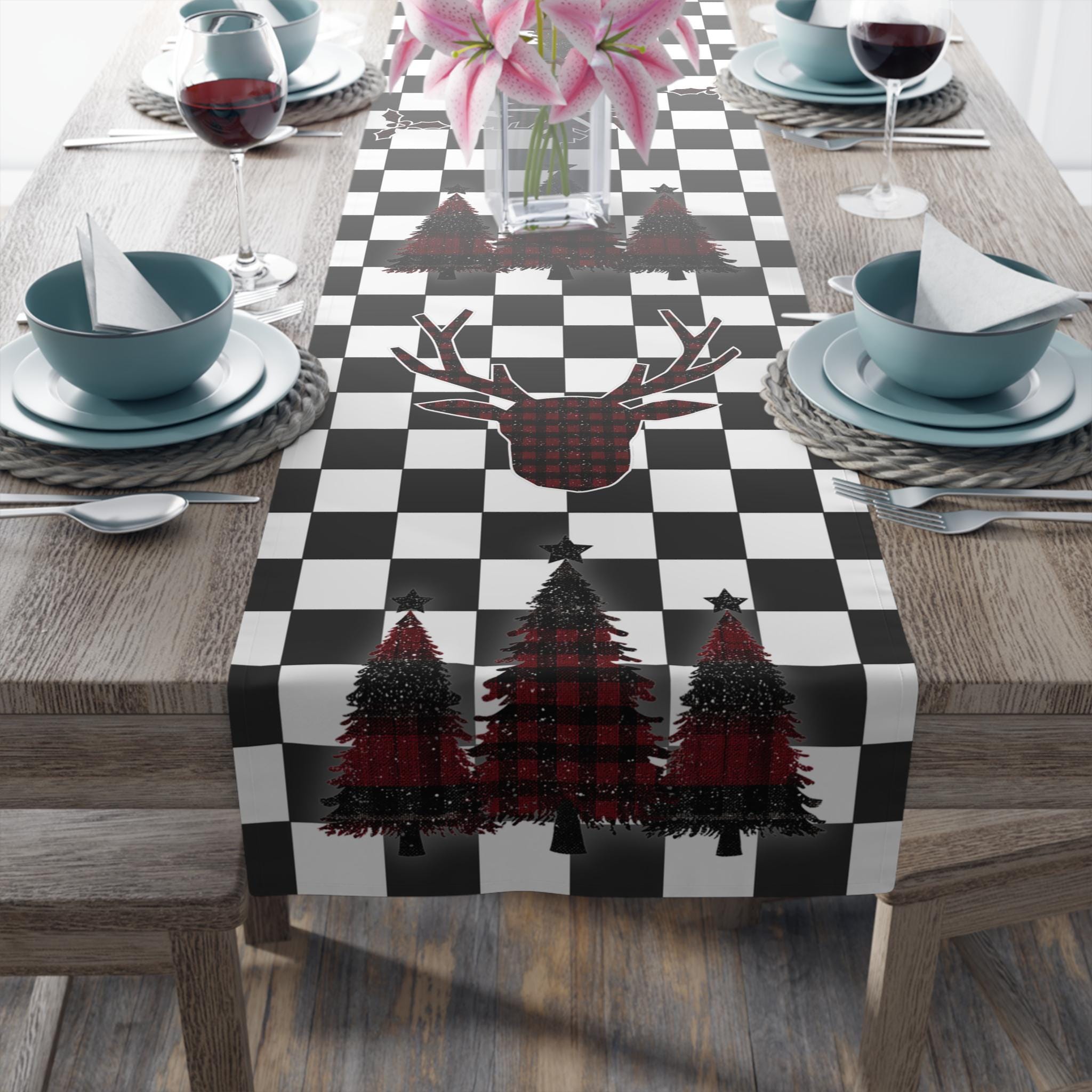 Plaid Christmas Icon Checkered Table Runner:  Modern Twist on Classic Holiday Decor