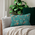 Elegant Chinoiserie Teal Bird Lumbar Pillow with Coral Blossoms for Nature-Inspired Home Decor