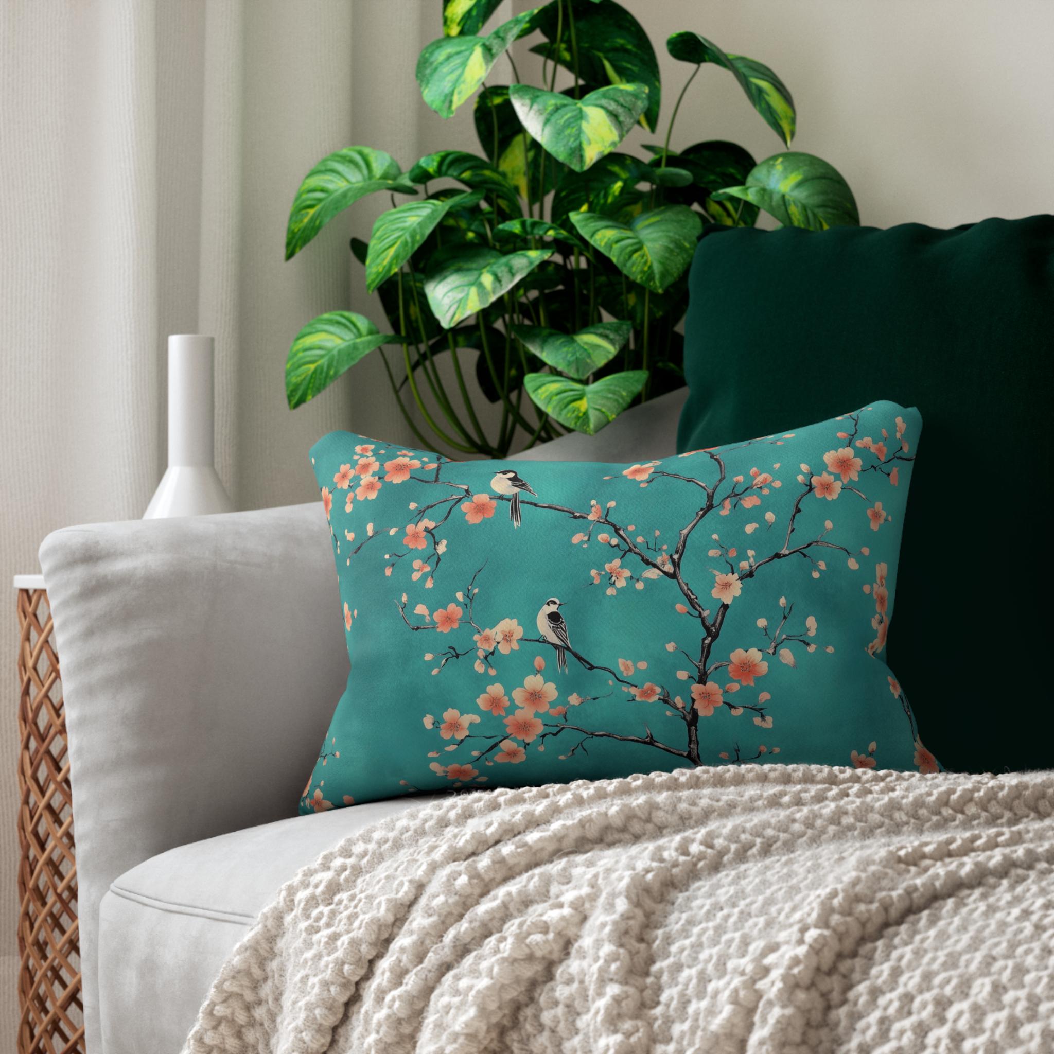 Elegant Chinoiserie Teal Bird Pillow Cover with Coral Blossoms for Nature-Inspired Home Decor