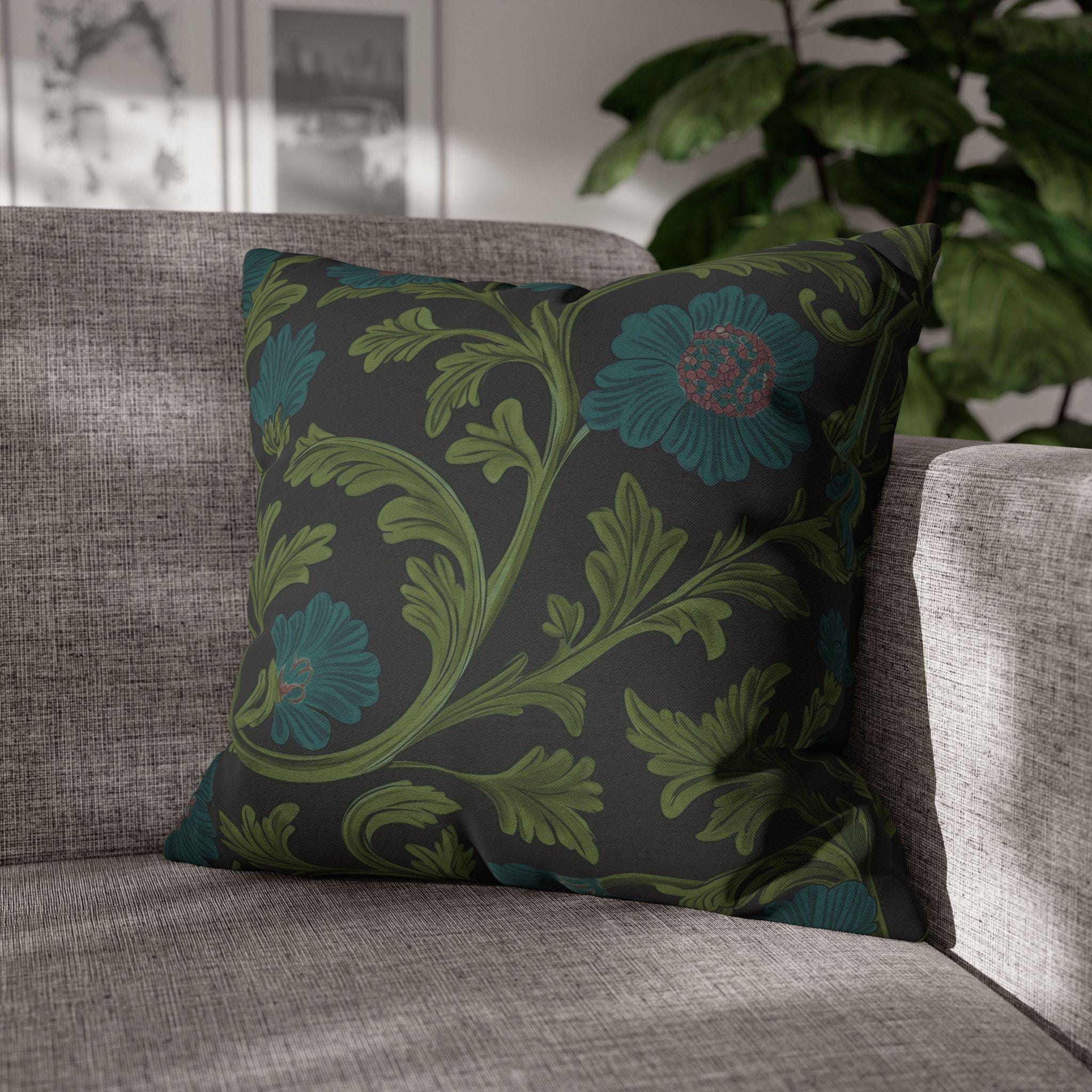 William Morris Pillow Cover: Lodden  Inspired  Charcoal with Olive & Teal Botanicals