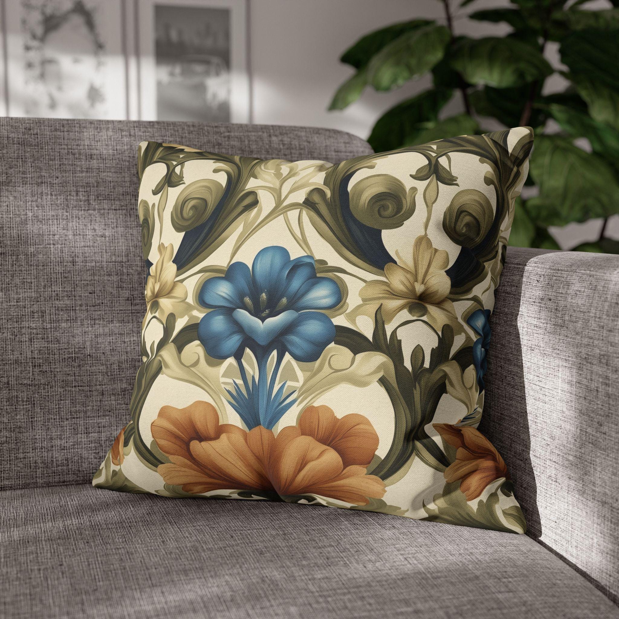 William Morris Floral Pillow Cover: Blue, Orange Blooms, Elegant Home Decor