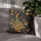 William Morris Inspired Peacock Pillow Cover: Teal-Blue Gold Floral, on a Charcoal Backdrop