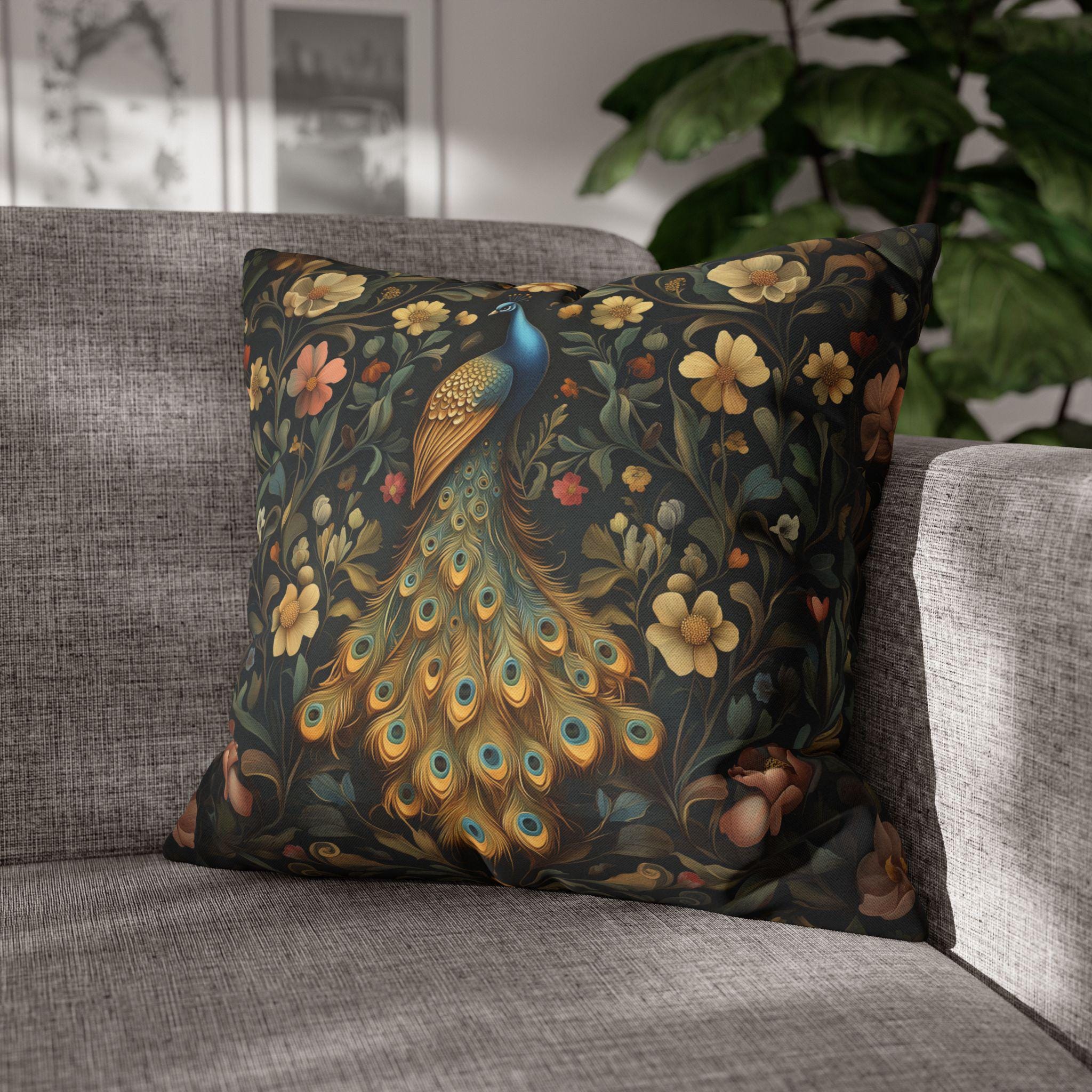 William Morris Inspired Peacock Pillow Cover: Teal-Blue Gold Floral, on a Charcoal Backdrop