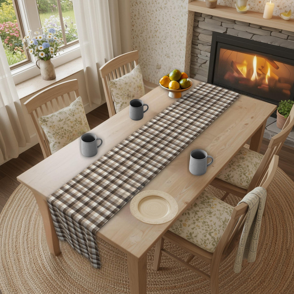 Neutral Brown Gingham Plaid Table Runner: Farmhouse Buffalo Check Accent