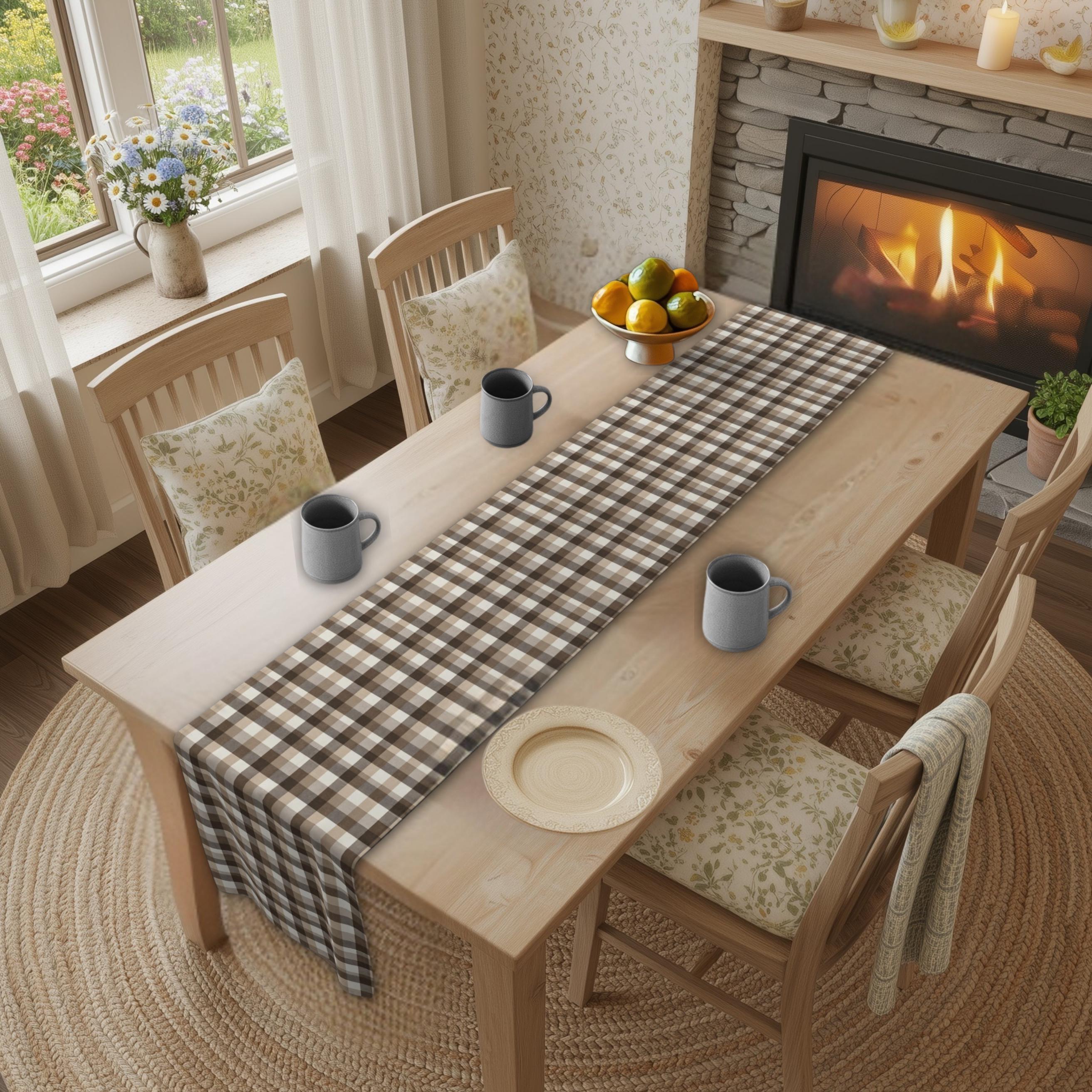 Neutral Brown Gingham Plaid Table Runner: Farmhouse Buffalo Check Accent