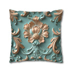 Floral Rococo Style Pillow Cover, Peach Fuzz & Light Teal Elegant Design