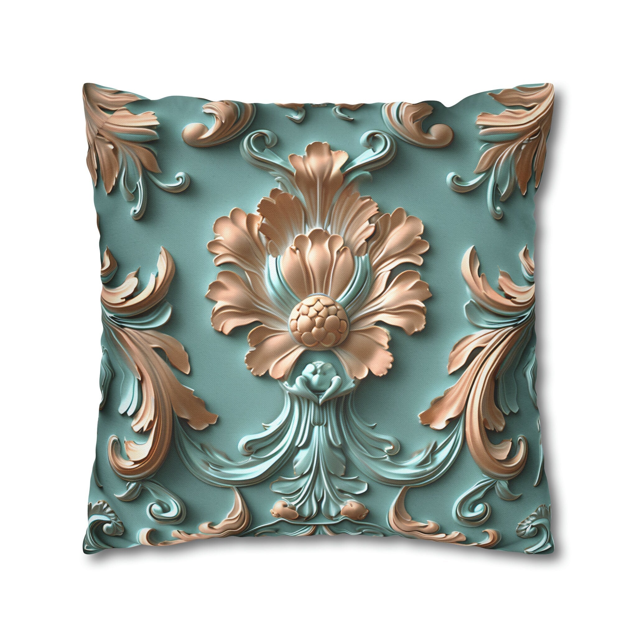 Floral Rococo Style Pillow Cover, Peach Fuzz & Light Teal Elegant Design