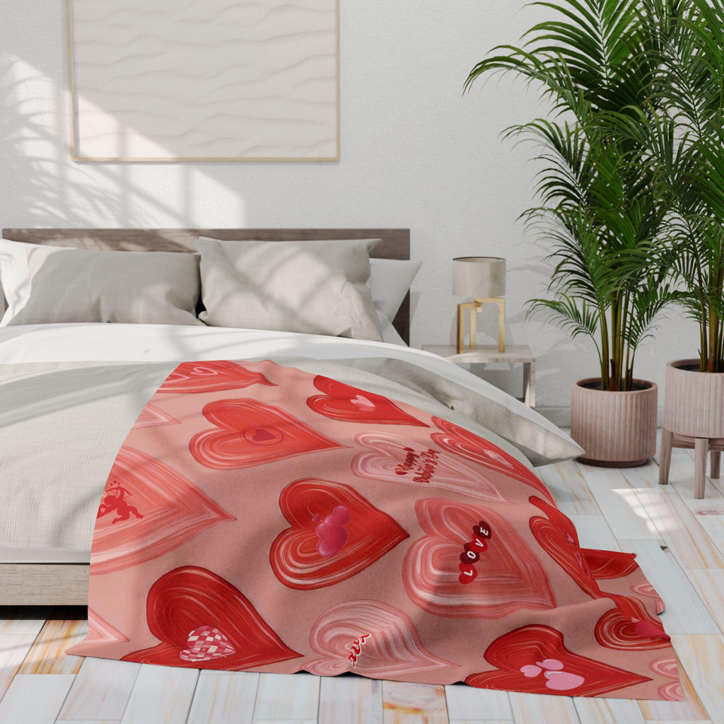 Romantic Valentine's Day Fleece Blanket: Cozy Heart & Cupid Design Throw for Love Season
