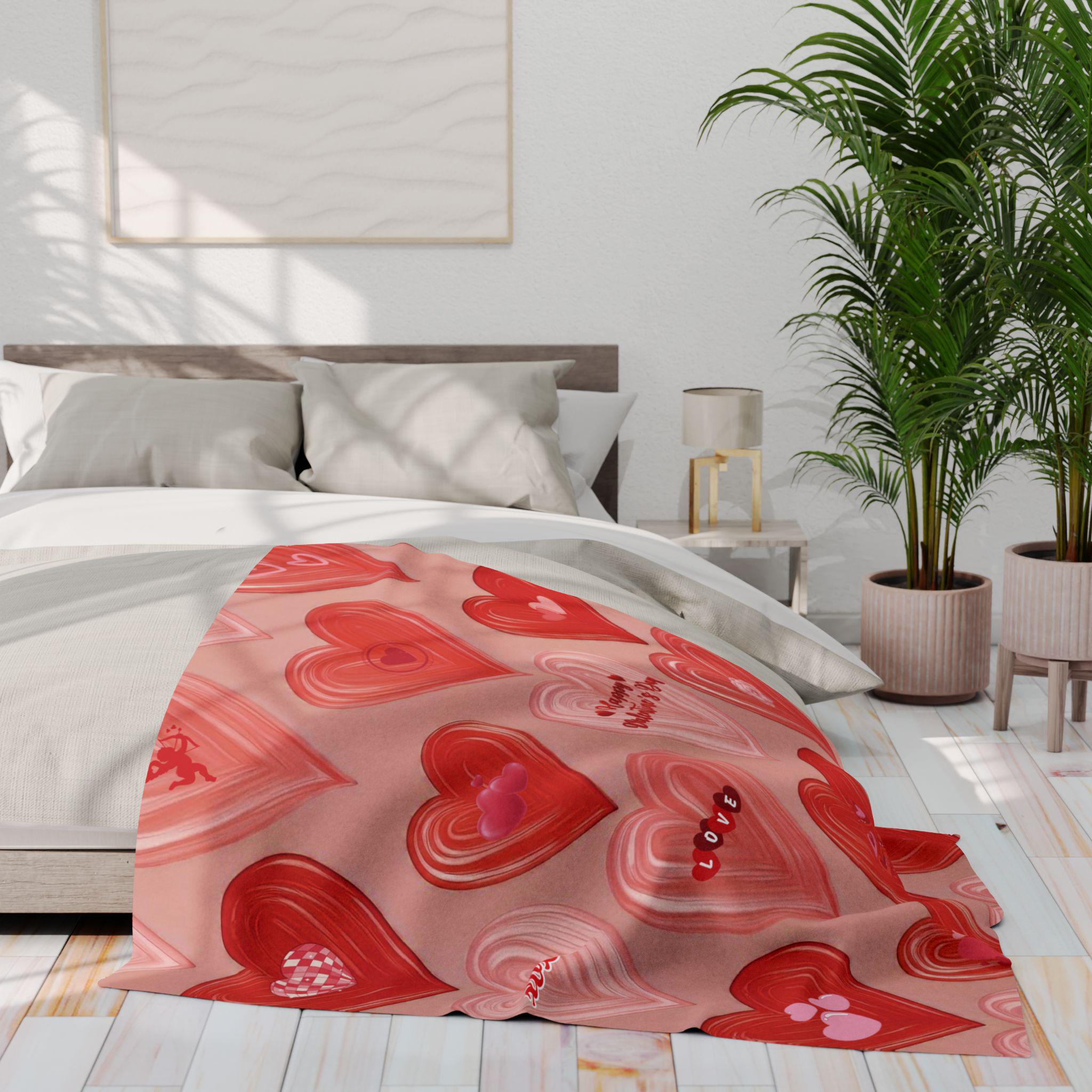 Romantic Valentine's Day Fleece Blanket: Cozy Heart & Cupid Design Throw for Love Season