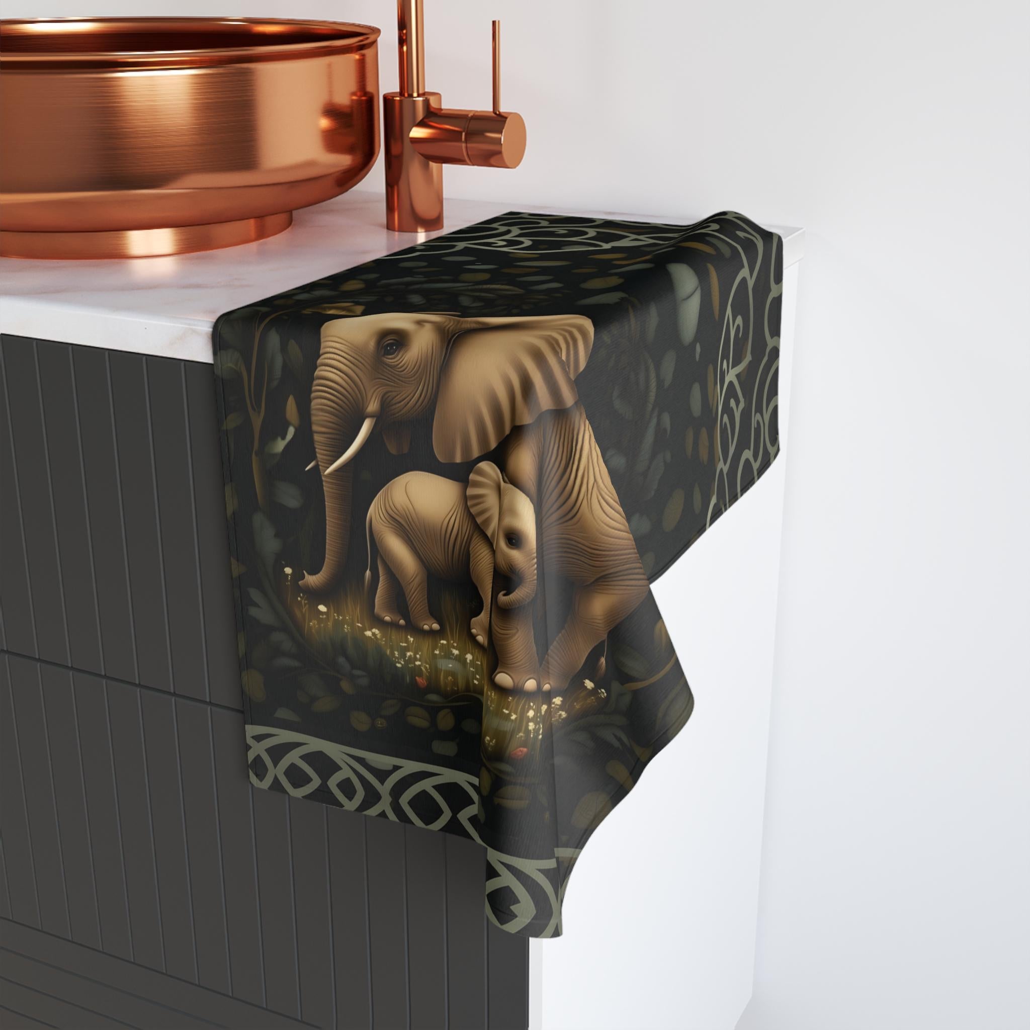 Elephant Hand Towel: Botanical Jungle Design - Soft Earth Tones