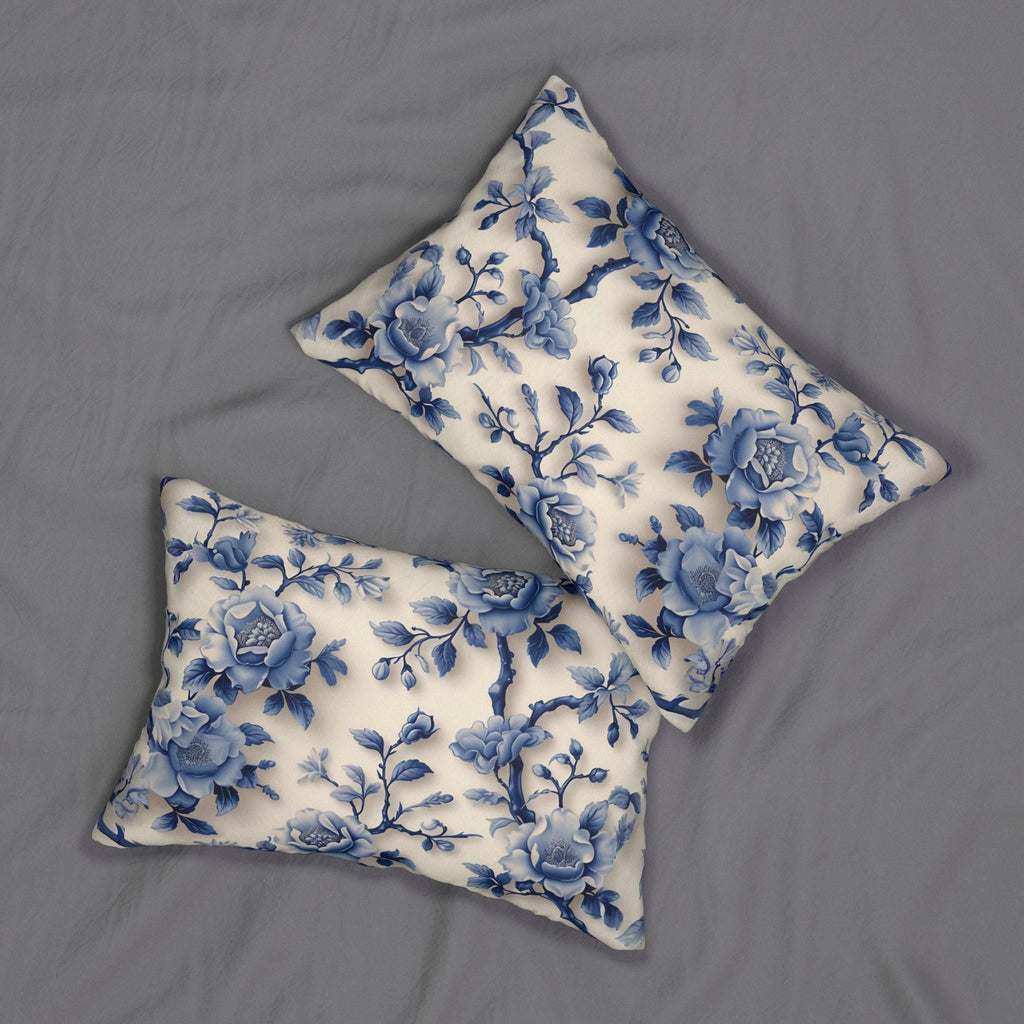Elegant Chinoiserie Floral Lumbar Pillow - Asian-Inspired Porcelain Design Home Accent (20x14)