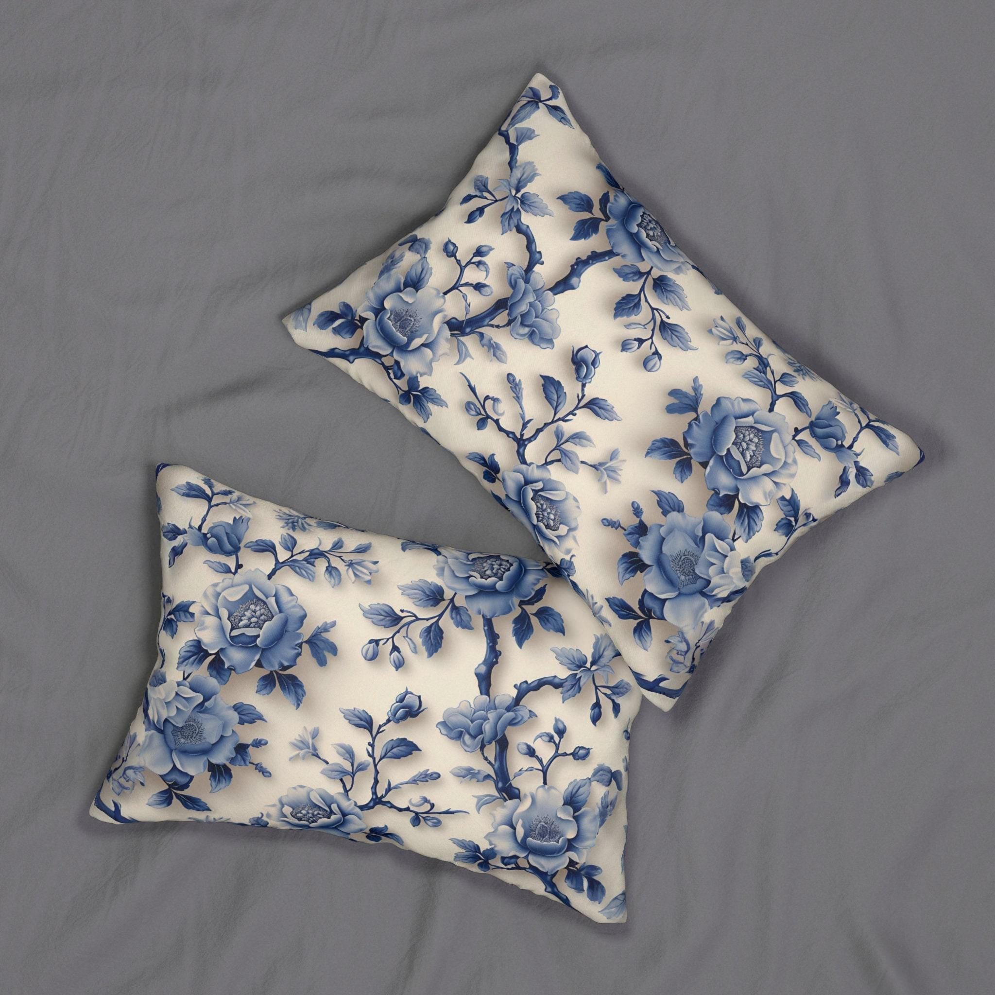 Elegant Chinoiserie Floral Lumbar Pillow - Asian-Inspired Porcelain Design Home Accent (20x14)