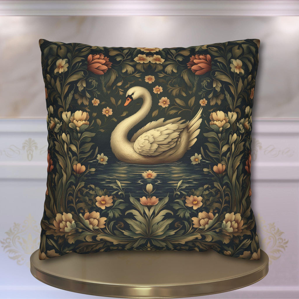 William Morris Inspired Swan Lake Decorative Pillow Cover: Moody Floral Fairytale Cushion Case