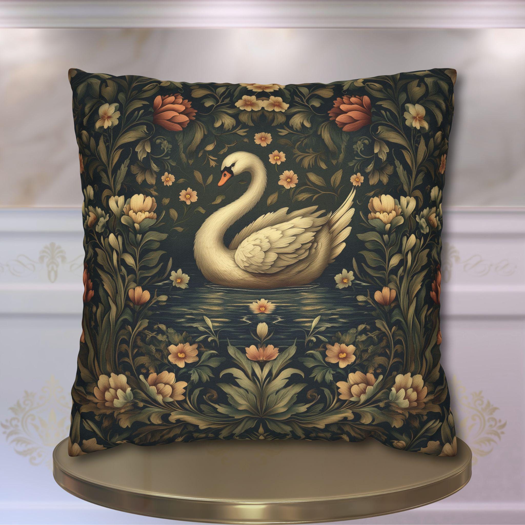 William Morris Inspired Swan Lake Decorative Pillow Cover: Moody Floral Fairytale Cushion Case