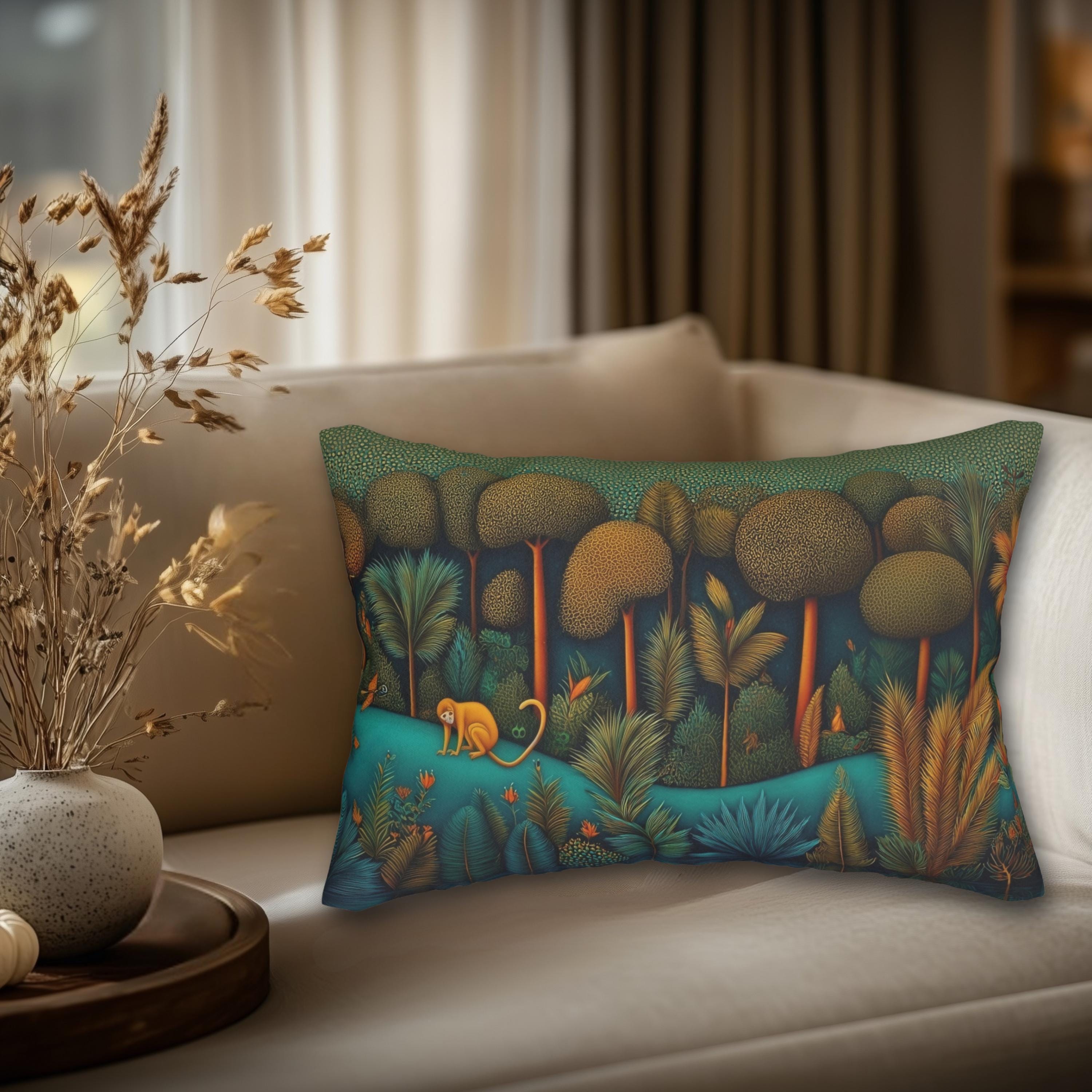 Monkey Jungle Safari Lumbar Pillow: Tropical Botanical Animal Decor