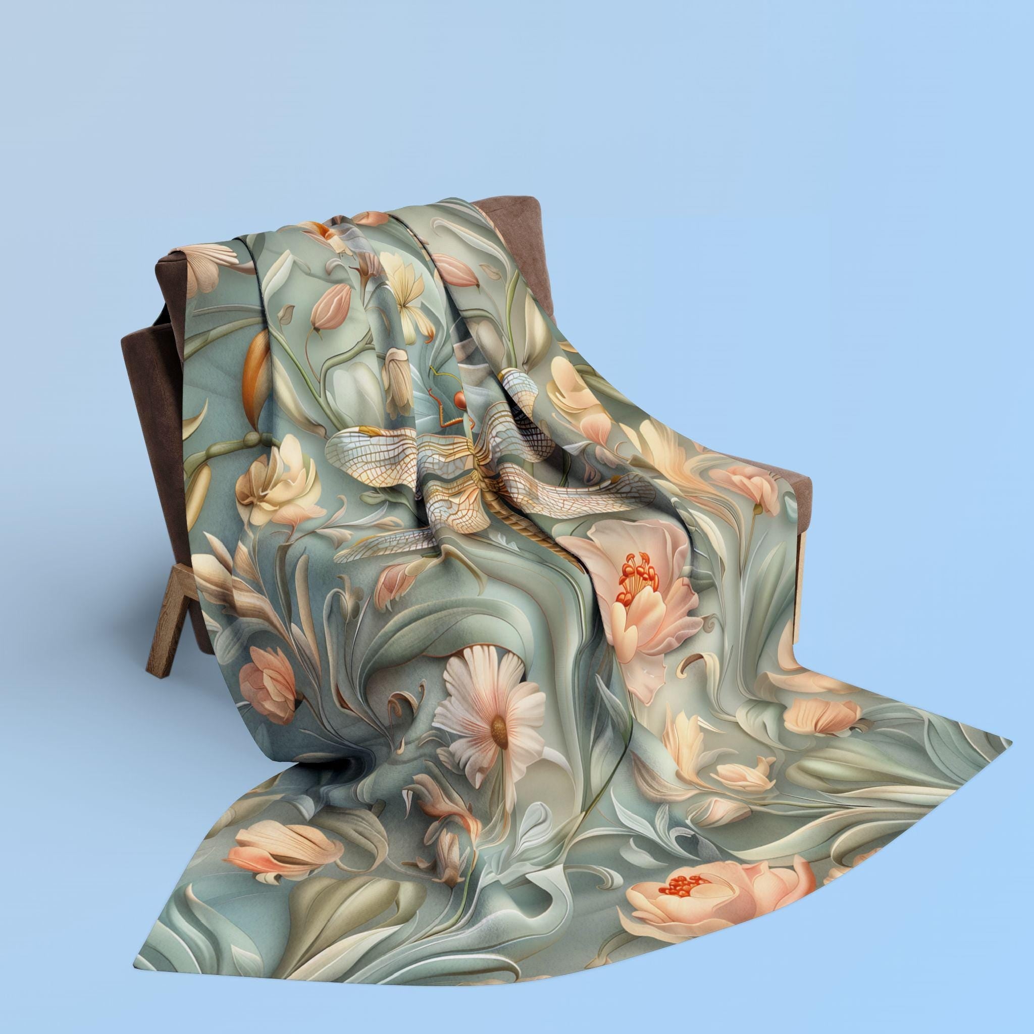 Luxurious William Morris Dragonfly Fleece Throw: Blue & Gold Wings, Pink Flowers, Elegant Nature Design
