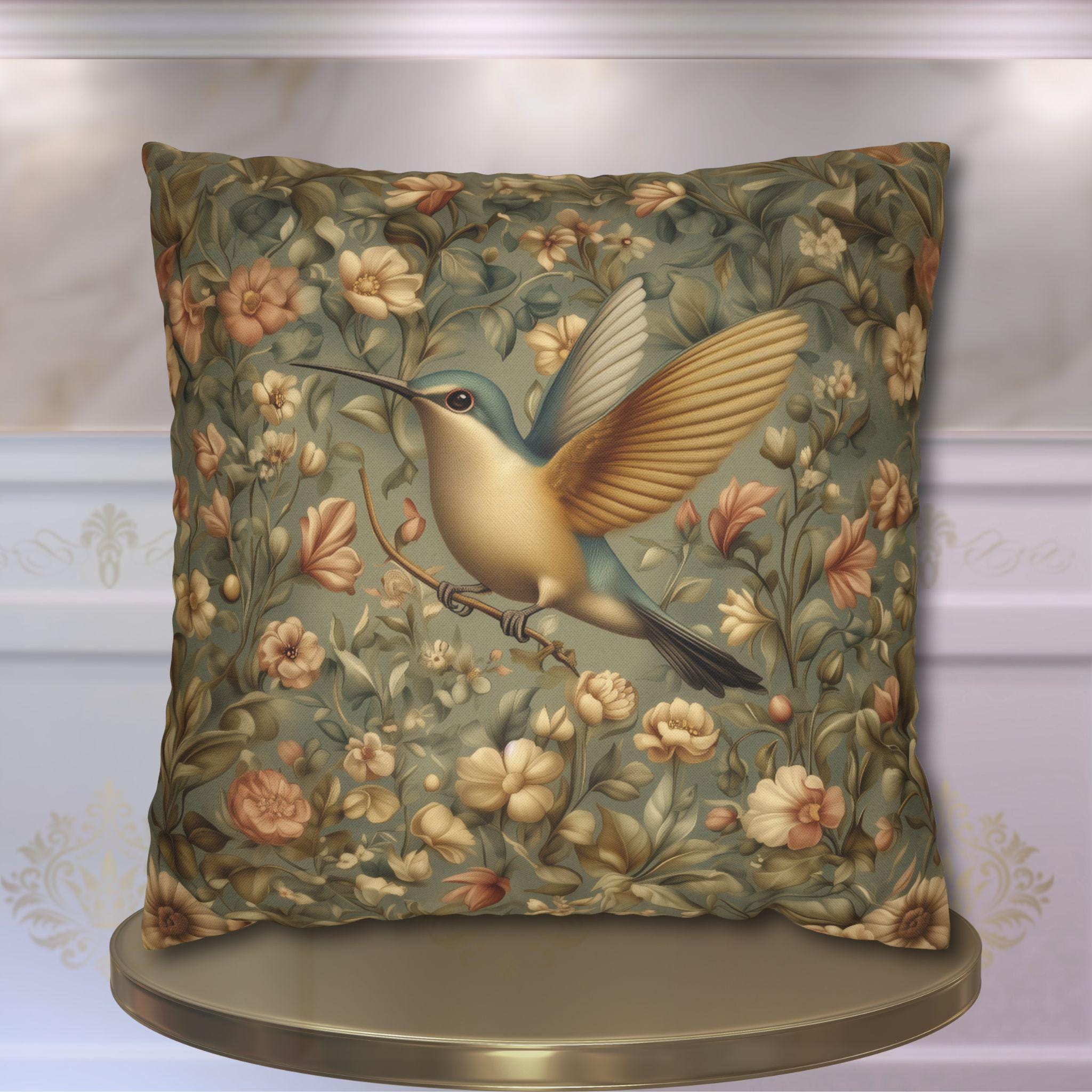 William Morris Decorative Throw Pillow Cover: Vintage Style Botanical Hummingbird
