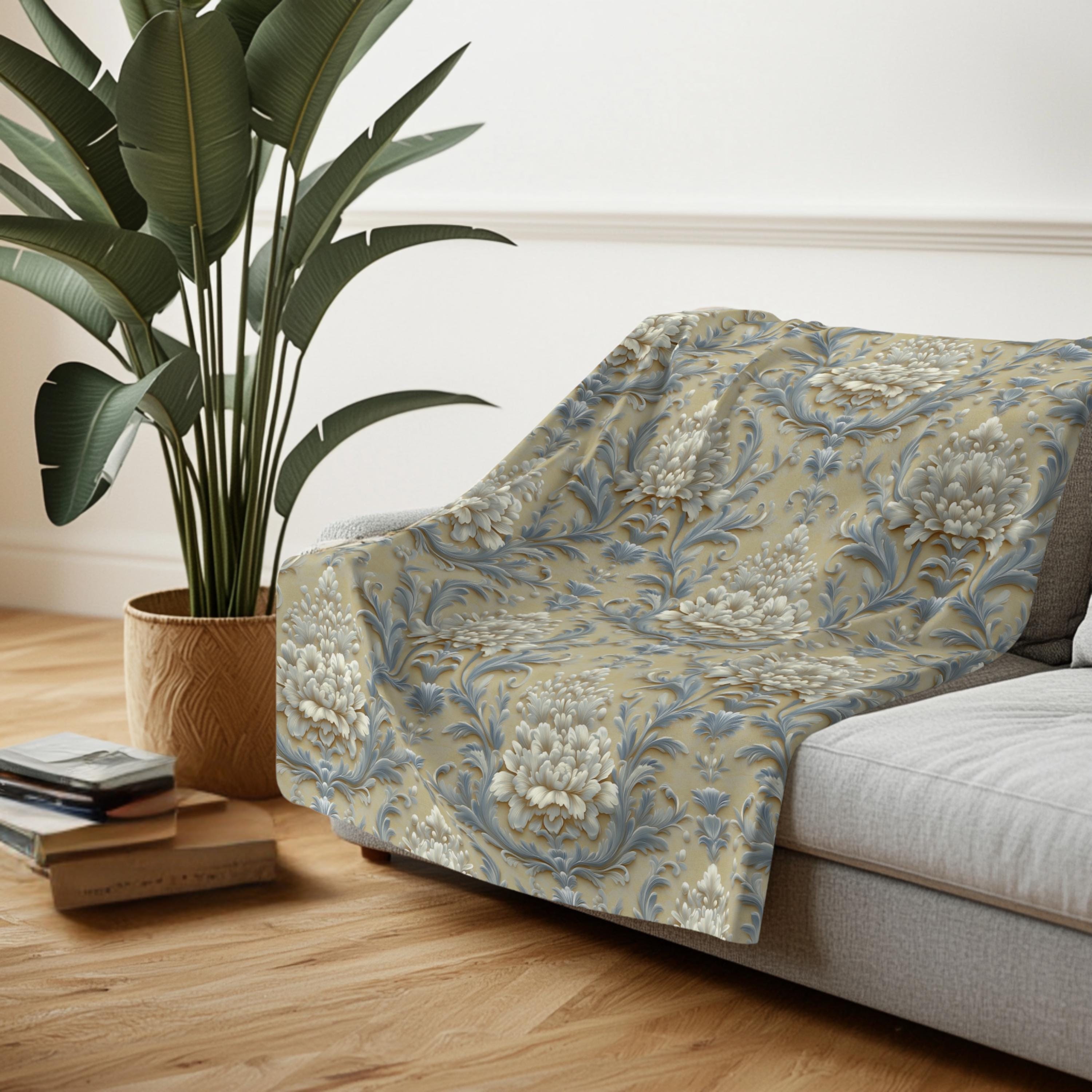 Damask Floral Fleece Throw Blanket: Elegant Pale Gold, Blue & Ivory