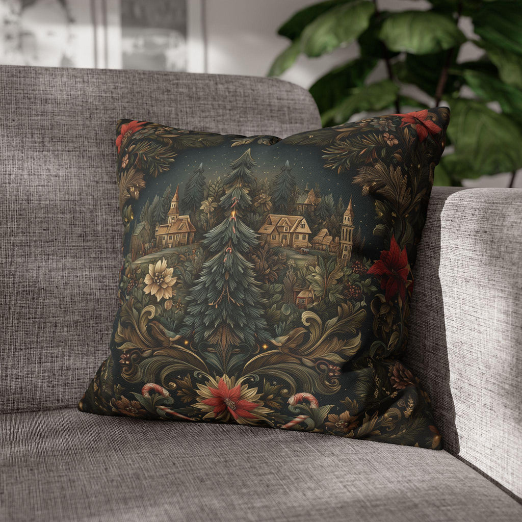 Storybook Village Christmas Pillow Cover: William Morris Style, Pine Green and Crimson Florals