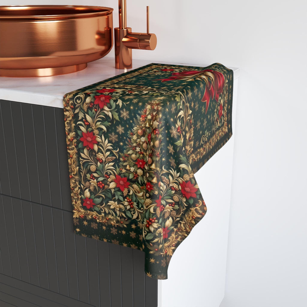 William Morris Christmas Hand Towel: Vintage Style Emerald Green Poinsettia, Golden Snowflake