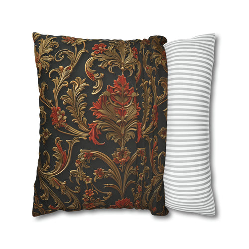 Classic Baroque Pattern Pillow Cover | Dark Background with Red & Gold | Traditional Elegance