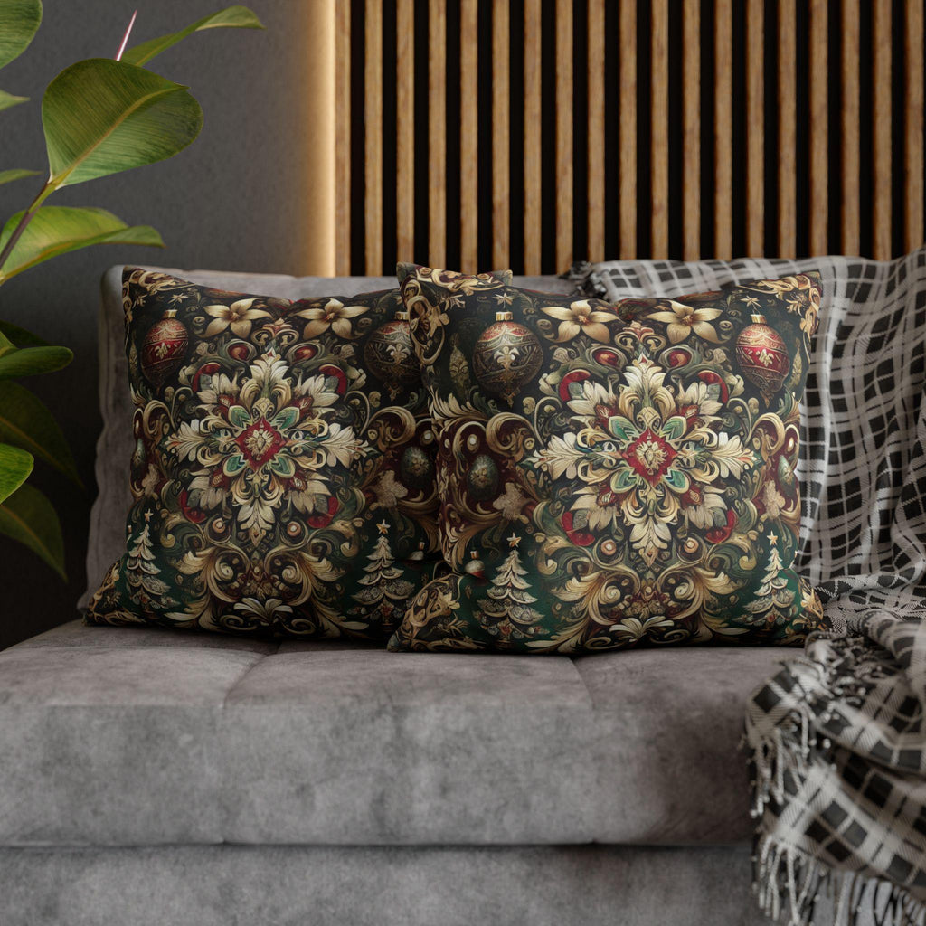Baroque Christmas Square Pillow Cover, Gold Red Green Ornaments, Vintage Style Luxury Design Pillowcase