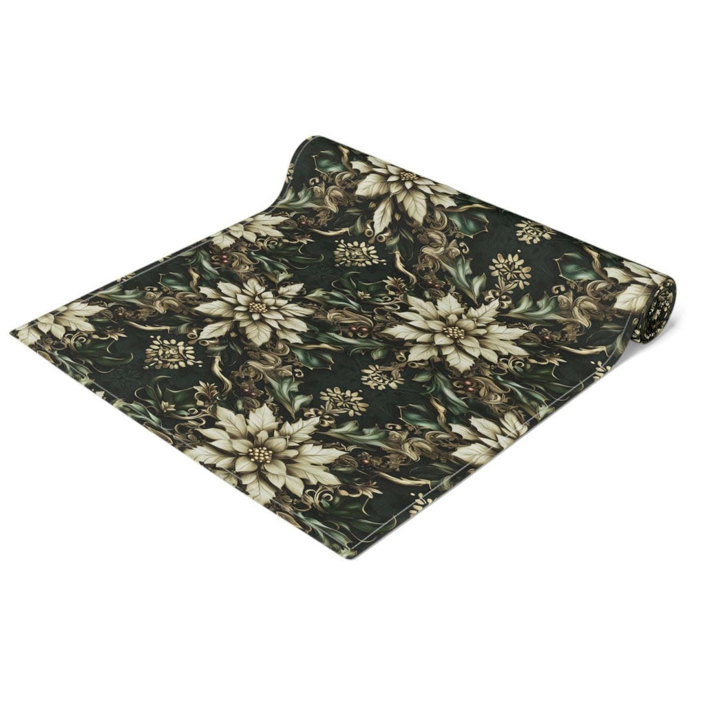 Holiday Poinsettia Table Runner,  Christmas Dining Decor in Red, Green, Gold & Creamy Beige
