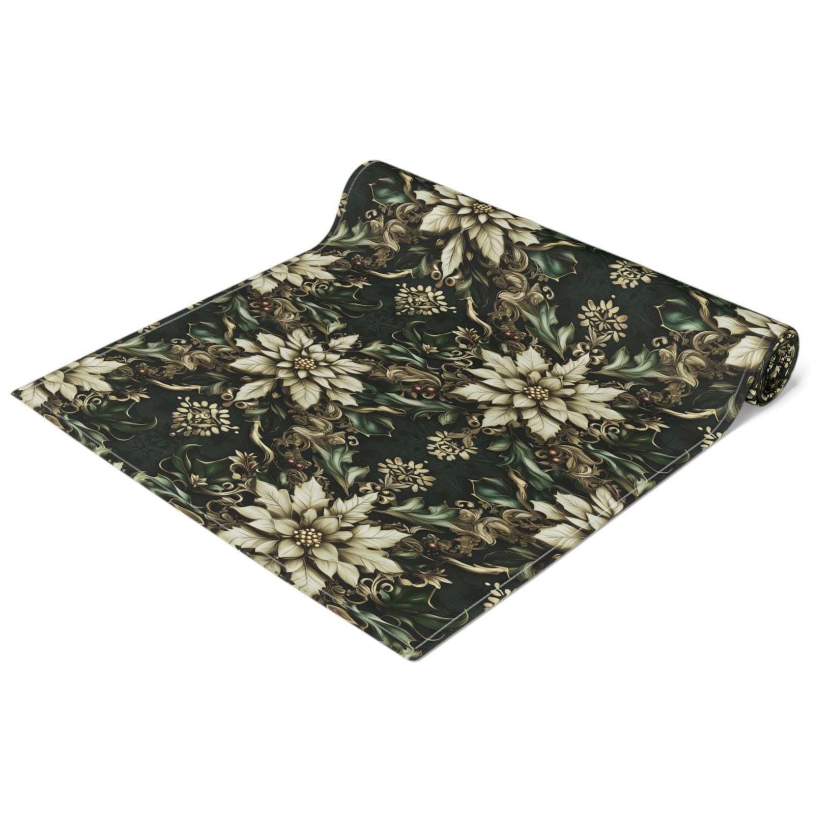 Holiday Poinsettia Table Runner,  Christmas Dining Decor in Red, Green, Gold & Creamy Beige