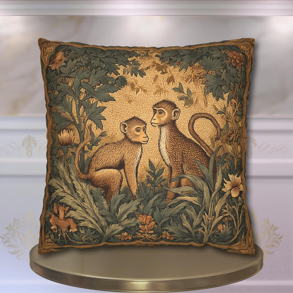 William Morris Style Throw Pillow Cover:  Monkey Jungle Botanical Design