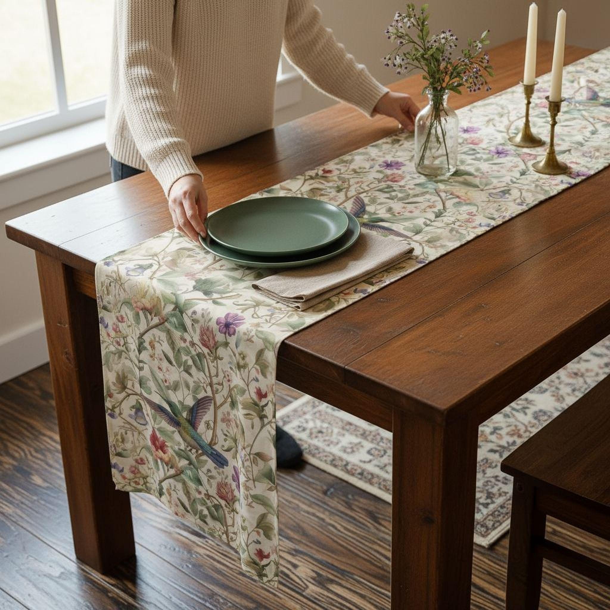 William Morris Table Runner: Vintage Style Floral Hummingbird Decor