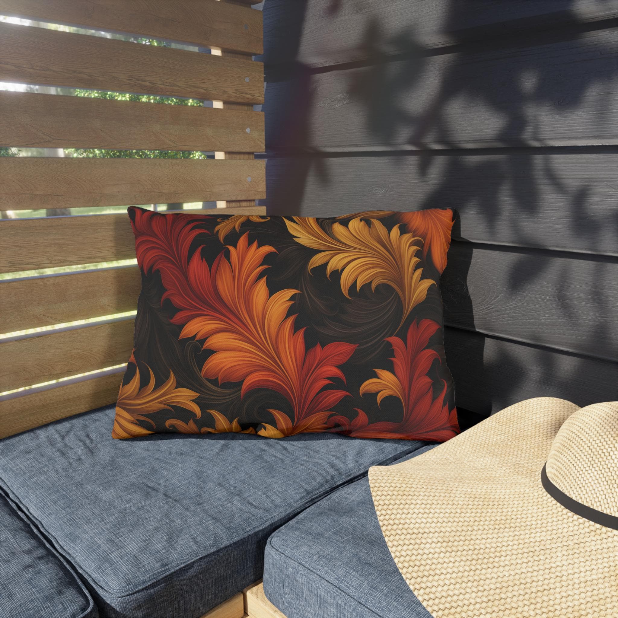 Autumn Leaf Outdoor Pillow: Red, Gold, Black - Weather Resistant