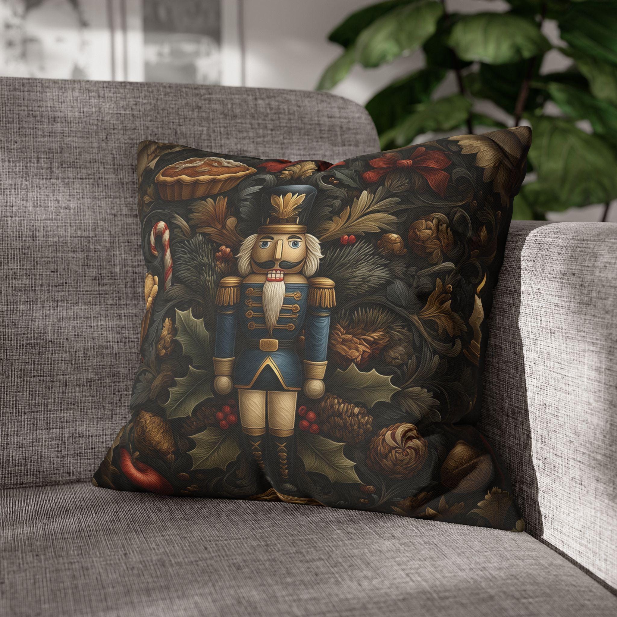 William Morris Nutcracker Pillow Cover: Woodland Holly & Pinecone Holiday Design