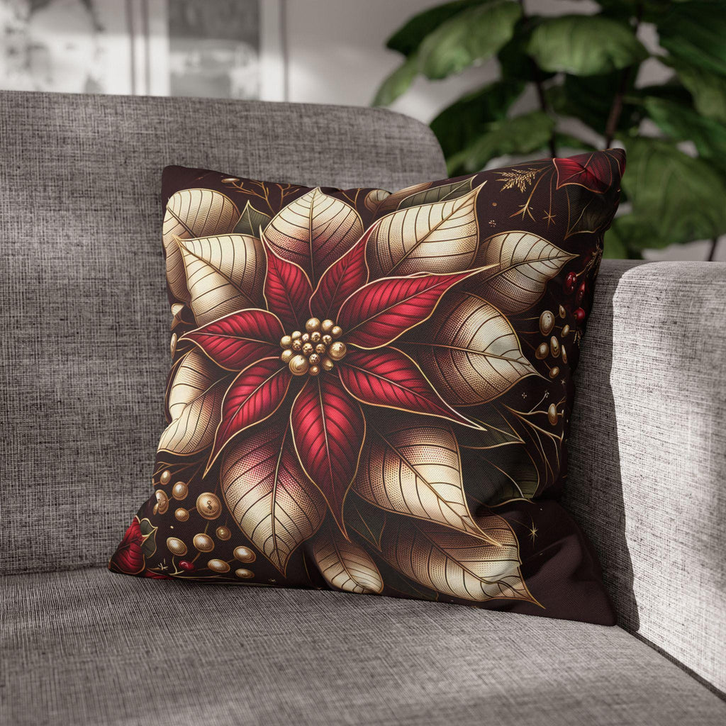 Luxurious Burgundy Poinsettia & Mistletoe Christmas Pillow Cover: Elegant Holiday Decor for Sofa