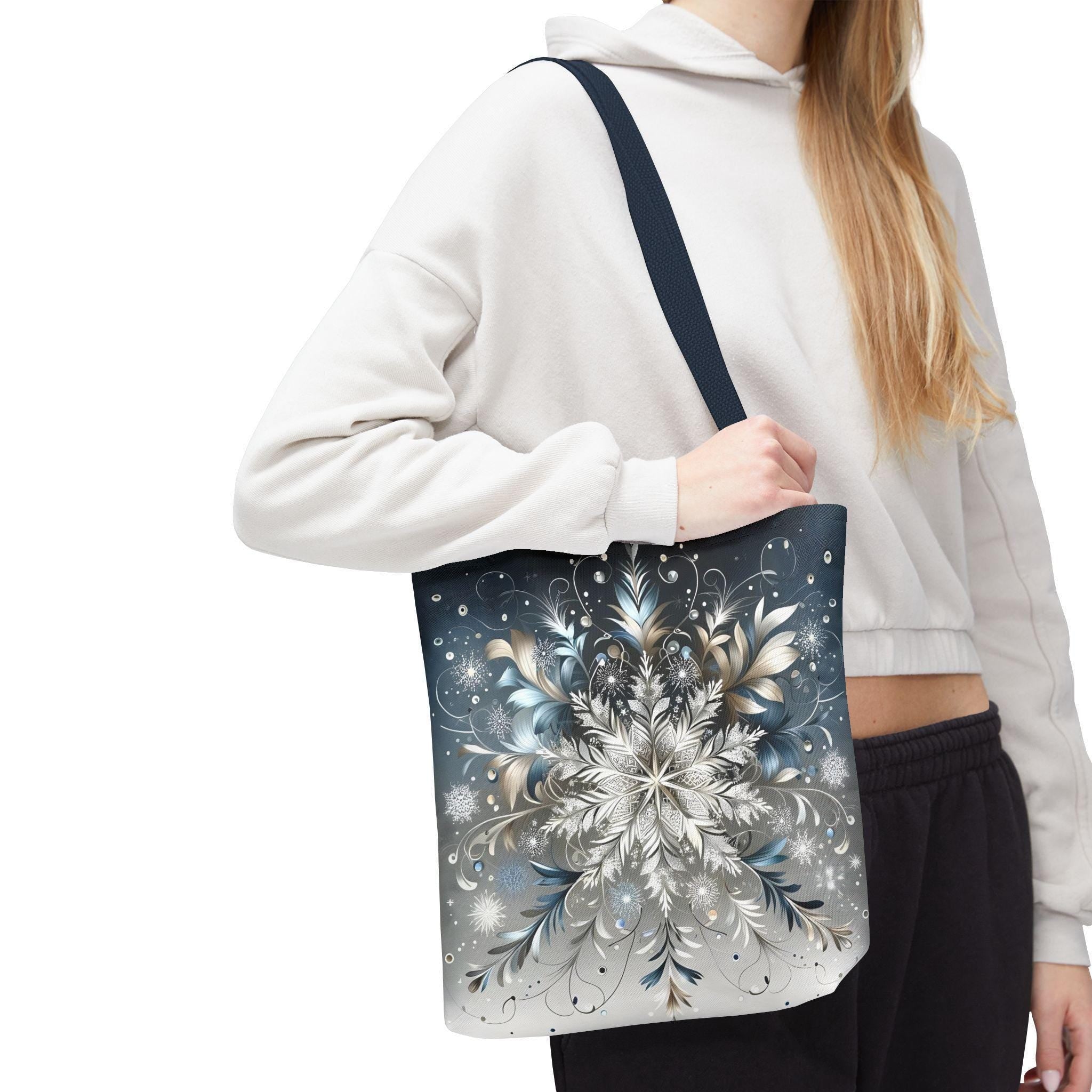 Elegant Snowflake Tote Bag, Silver & Blue Polyester Canvas