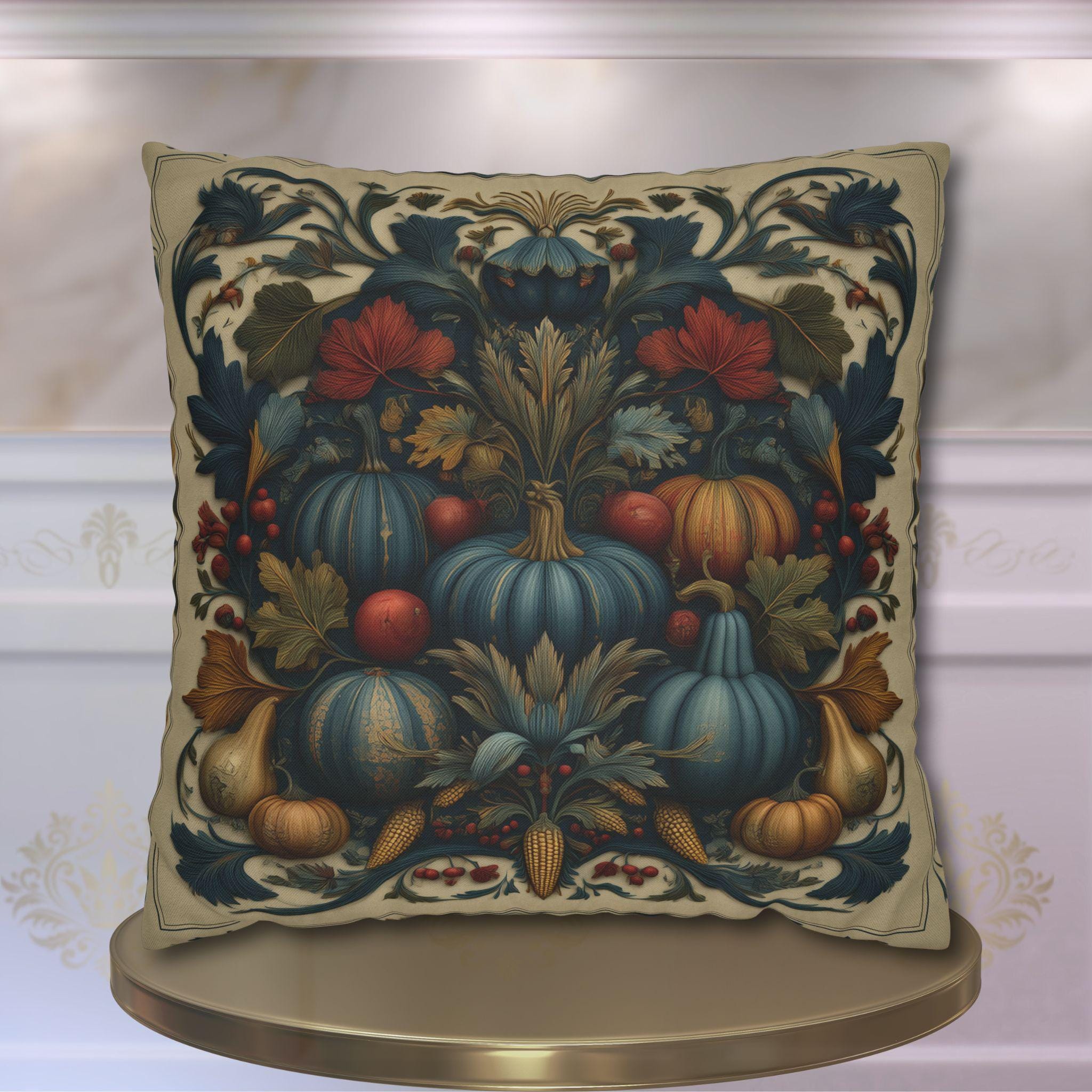 William Morris Autumn Pillow Cover: Slate Blue Cranberry Tapestry