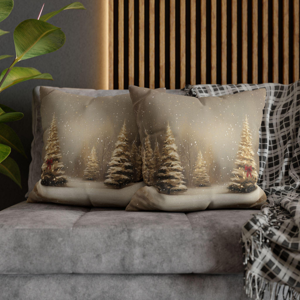 Snowy Golden Christmas Pillow Cover: Flocked Pine Tree Illustration on Square Cushion Case