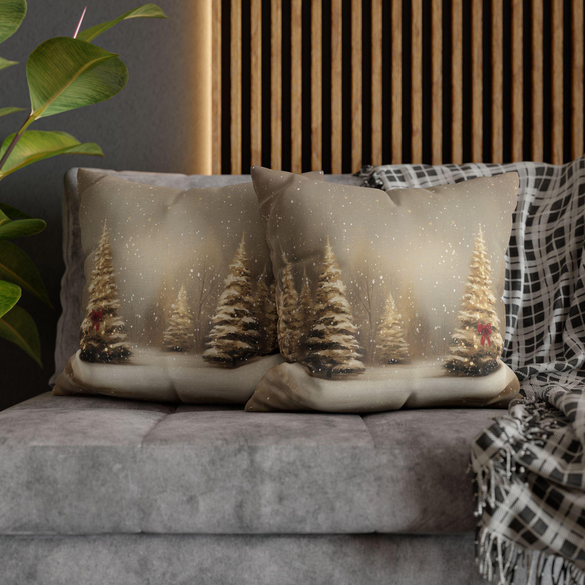 Snowy Golden Christmas Pillow Cover: Flocked Pine Tree Illustration on Square Cushion Case