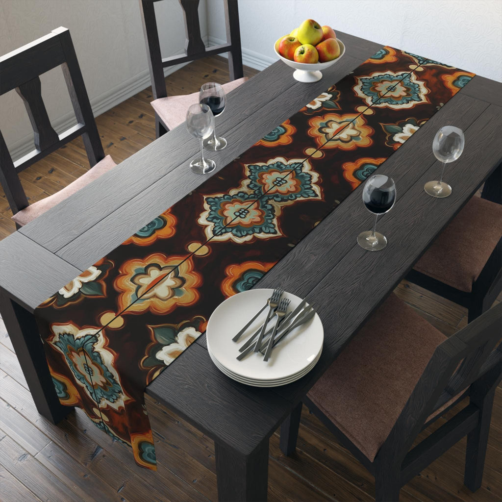 Earthy Mandala Table Runner: Boho Tile Pattern in Burnt Orange, Teal, and Espresso