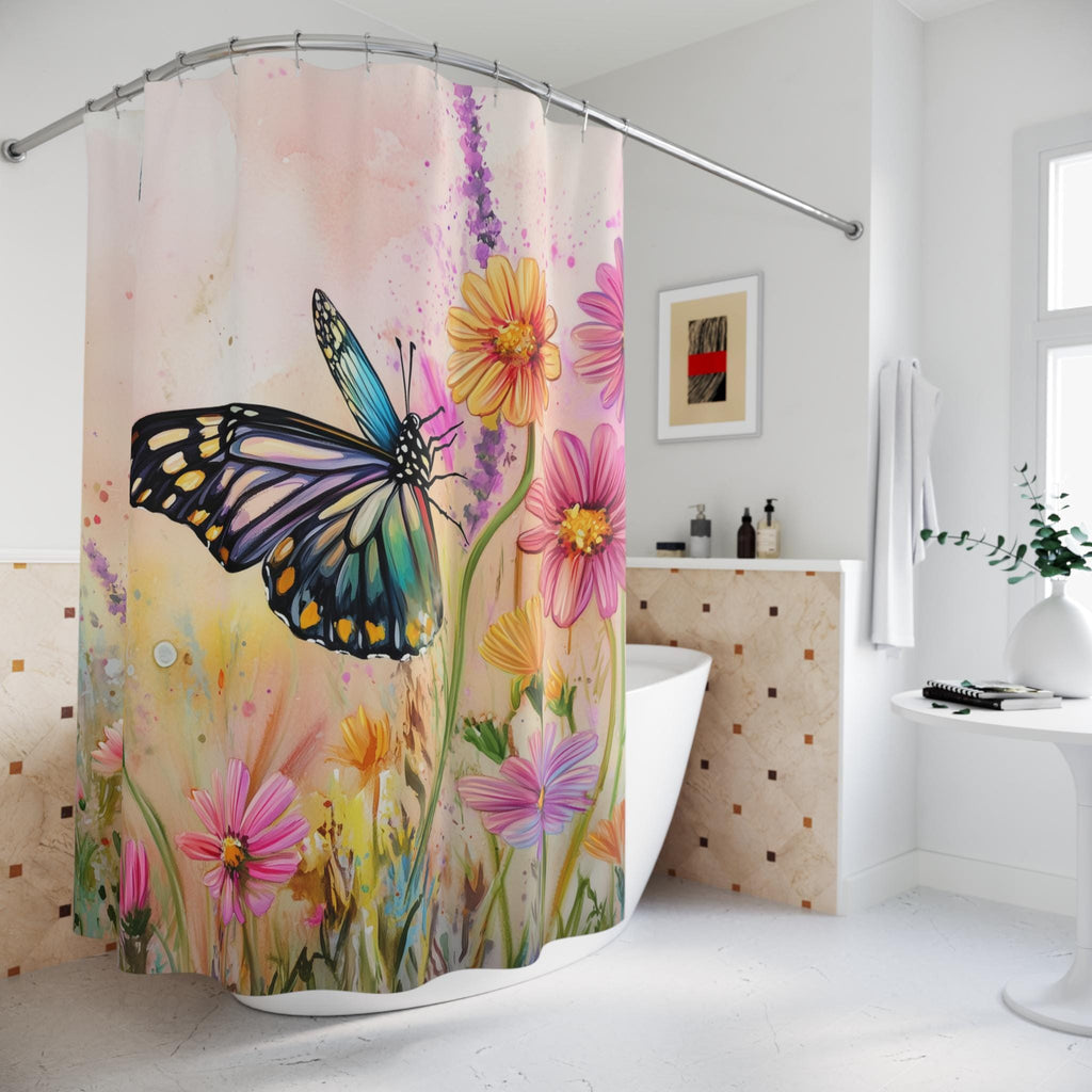 Colorful Butterfly Garden Fabric Shower Curtain: Watercolor Spring Wildflowers on Pastel Background