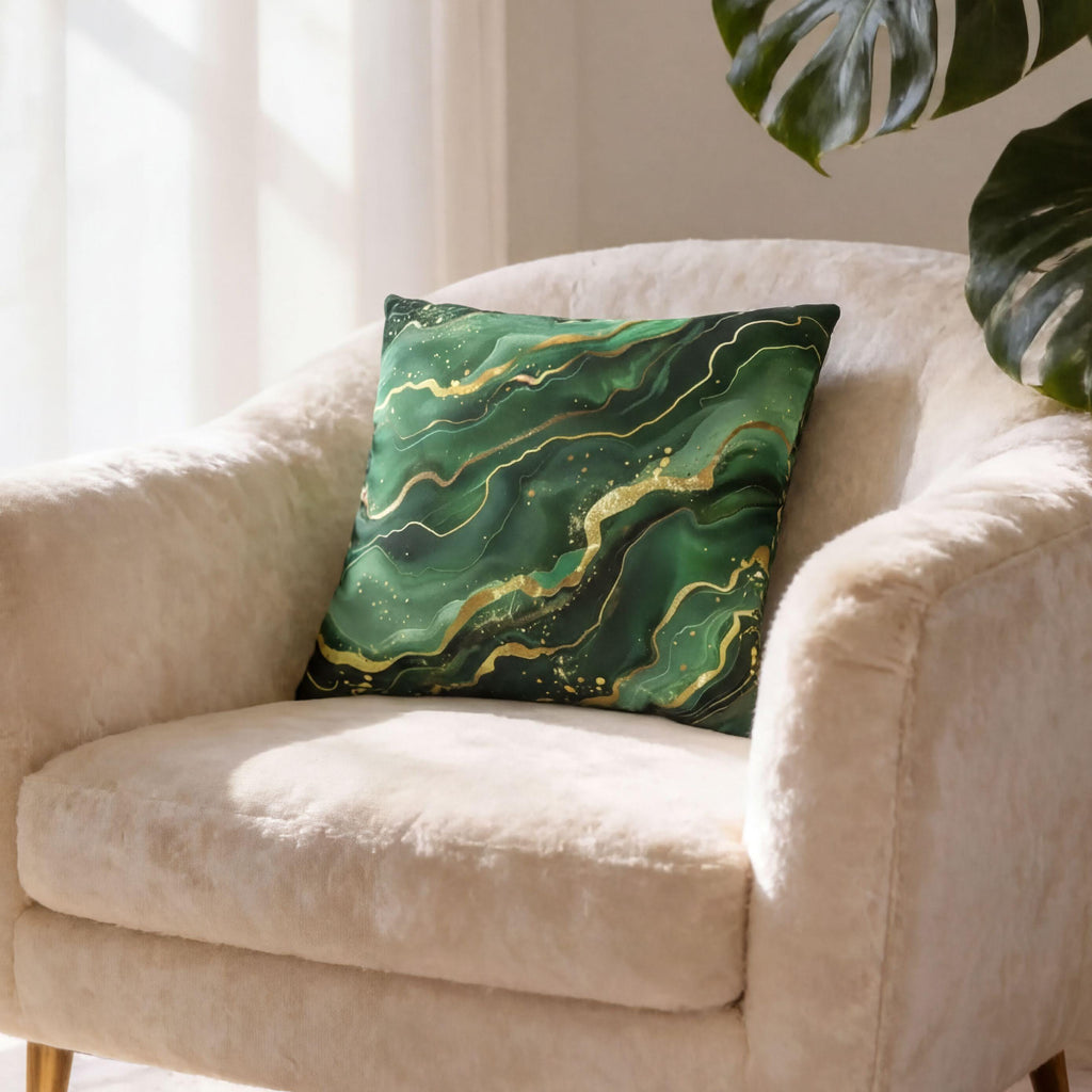Green Waves Throw Pillow Cover: Emerald  and Deep Green with Gold Accents