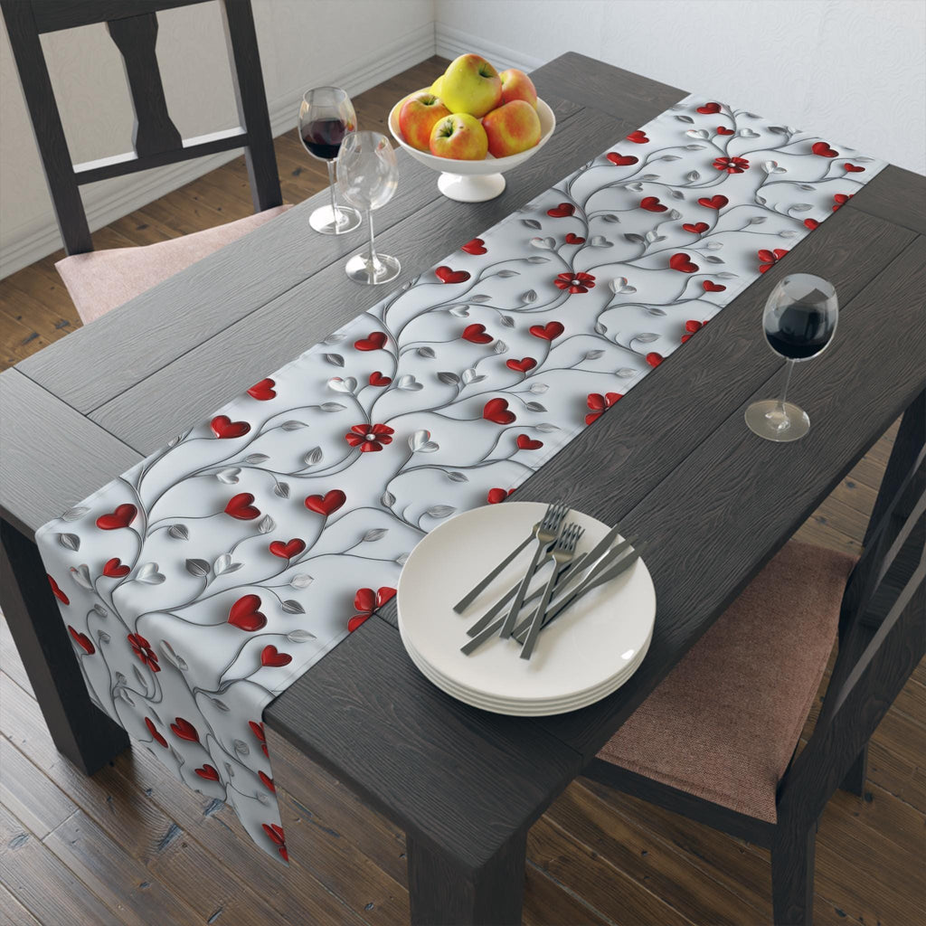 Table Runner: Romantic Red Flowers and Silver Vines