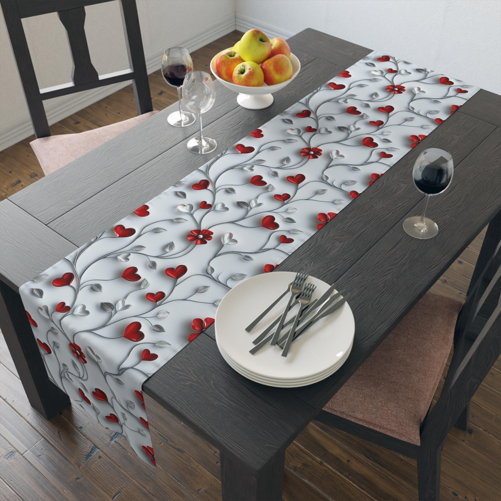 Table Runner: Romantic Red Flowers and Silver Vines