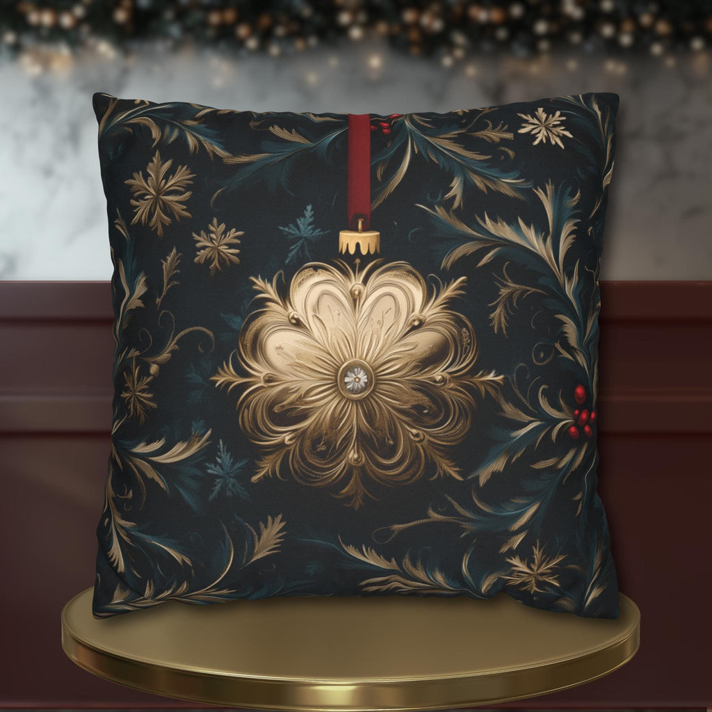 Elegant Navy & Gold Christmas Pillow Cover with Red Berries