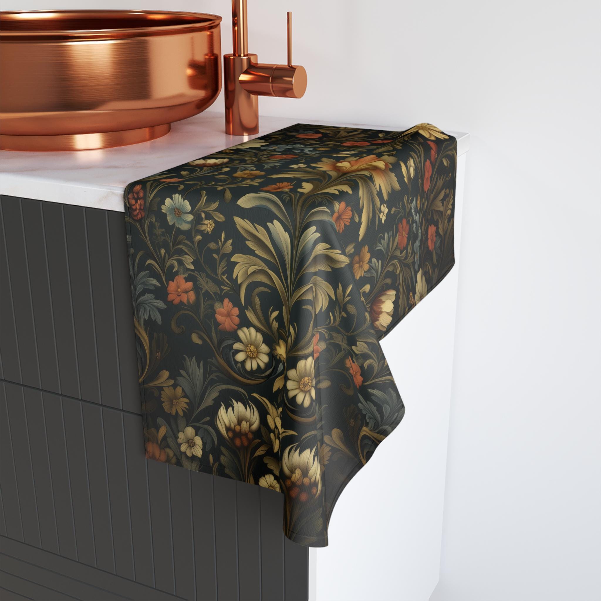 Vintage-Inspired William Morris Botanical Hand Towel: Autumn Floral Tapestry on Dark Background