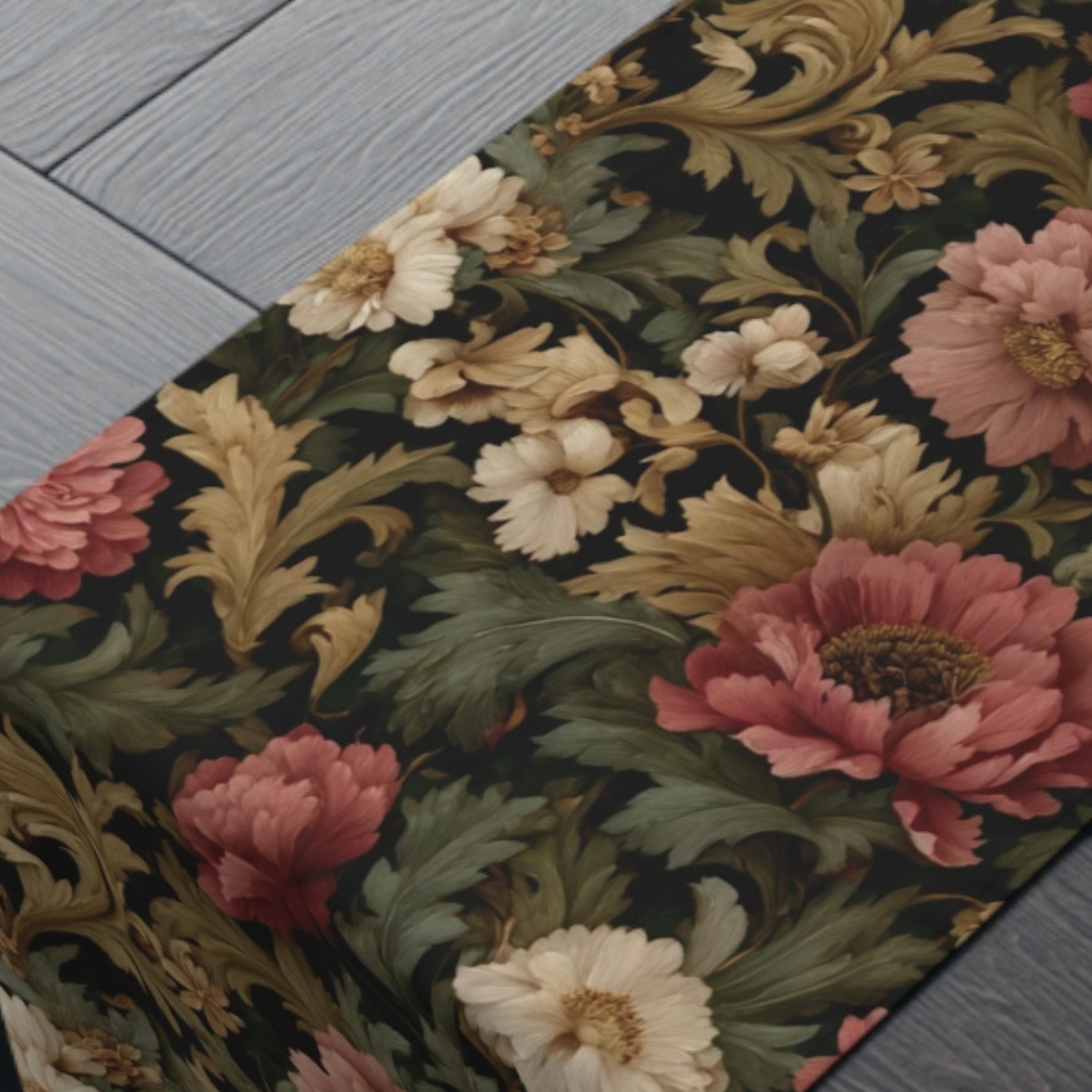 Dusty Rose & Ivory Victorian Table Runner:  William Morris Dark Cottagecore Moody Blooms