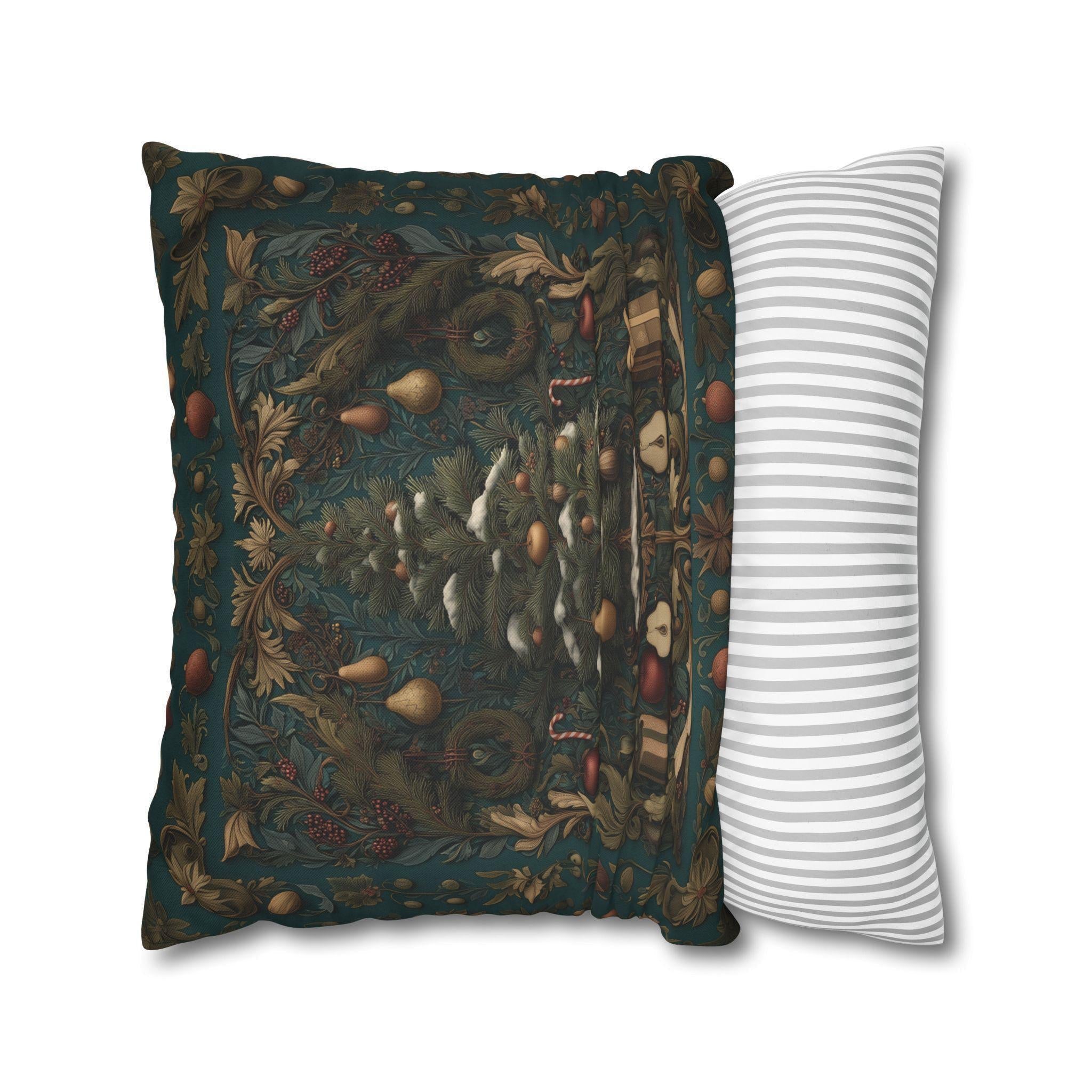 William Morris Inspired Christmas Tree Pillow Cover: Holiday Fruit & Wreath Motif